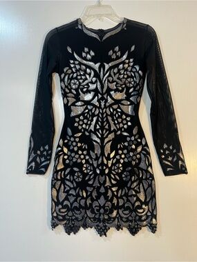 Women's Black Long Sleeve Lace-Appliqué Bodycon Dress with Silver Accents